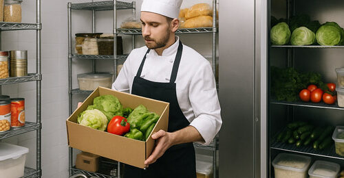 Cocinero con caja de verduras frescas.