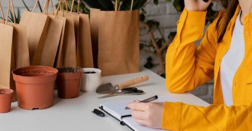 Mesa con plantas y materiales de jardinería