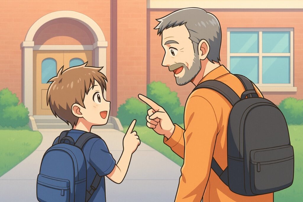 Niño y adulto conversando en escuela