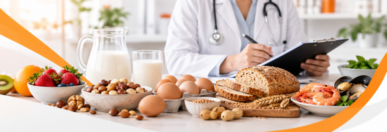 Alimentos que pueden provocar alergias e intolerancias alimenticias, como leche, huevos, frutos secos, trigo y marisco.