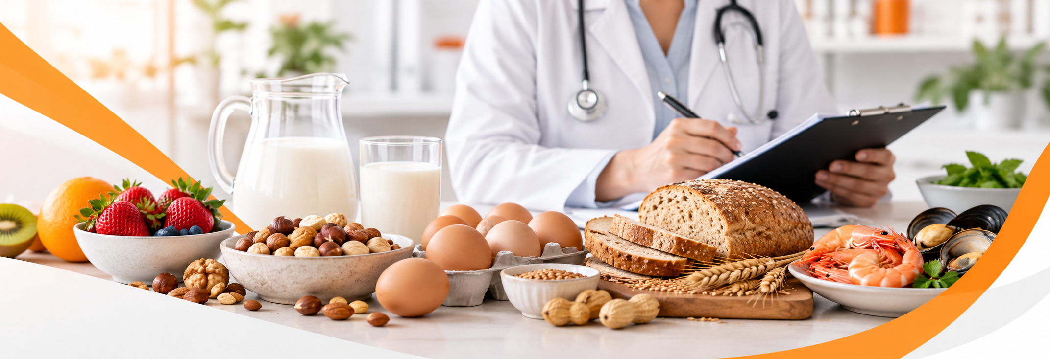 Alimentos que pueden provocar alergias e intolerancias alimenticias, como leche, huevos, frutos secos, trigo y marisco.