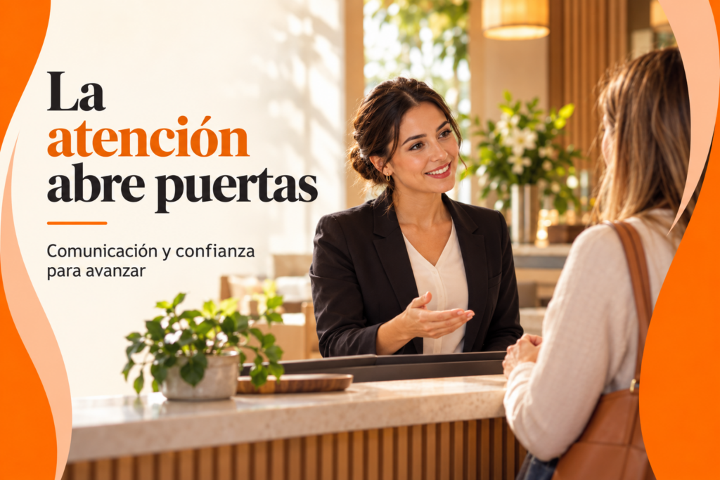 Profesional de hostelería atendiendo a un cliente en recepción.